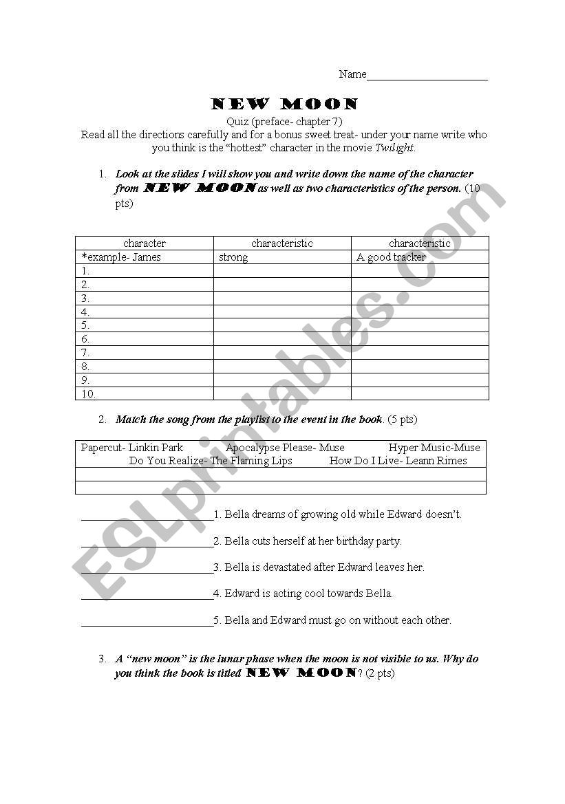 new moon quiz Chapters 1-7 worksheet