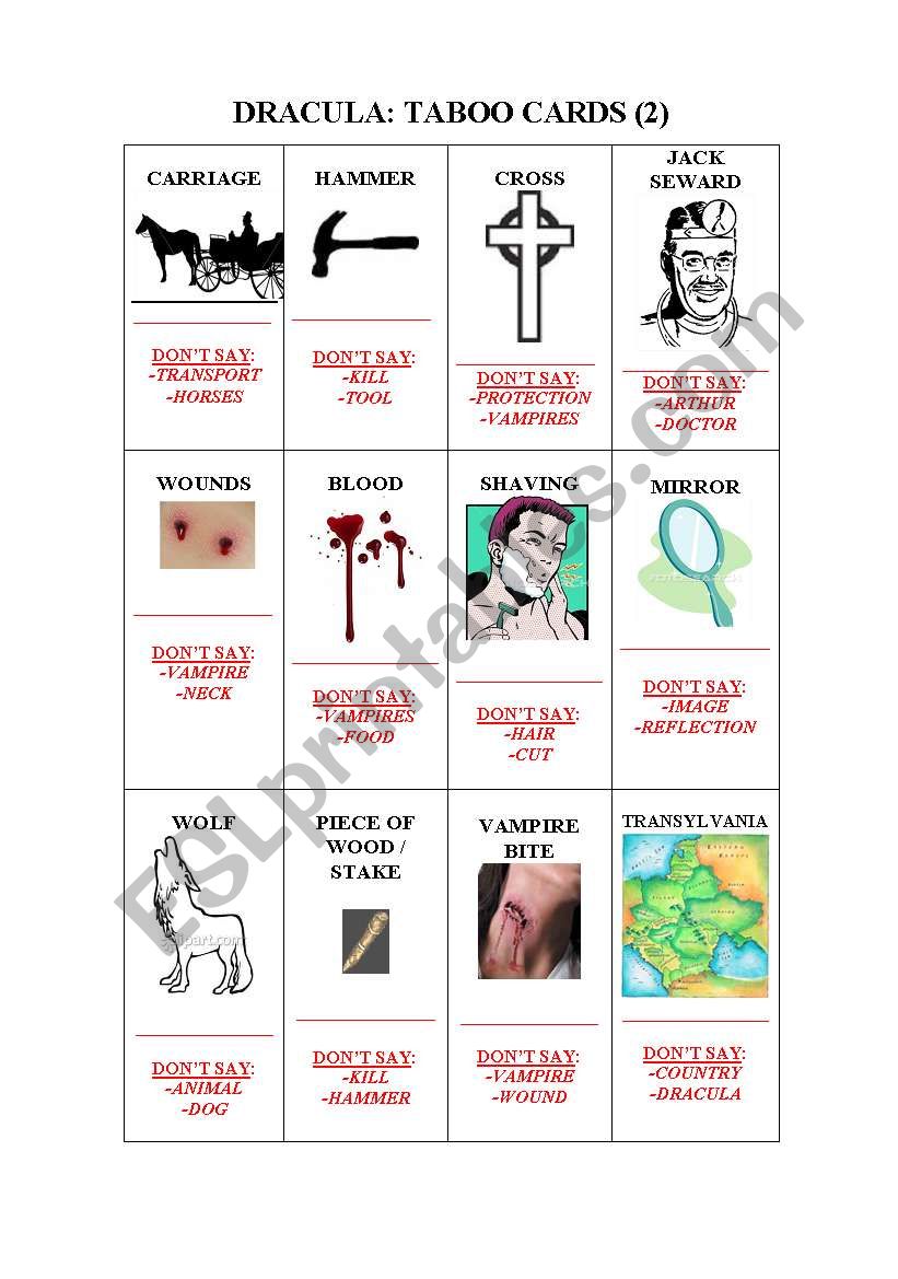 DRACULA: TABOO CARDS (2) worksheet