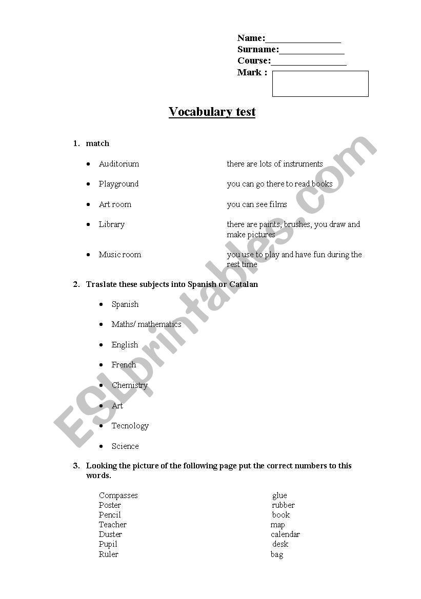 exam on general vocabulary worksheet