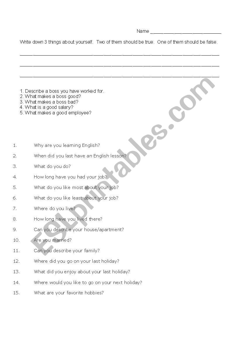 Business Class worksheet