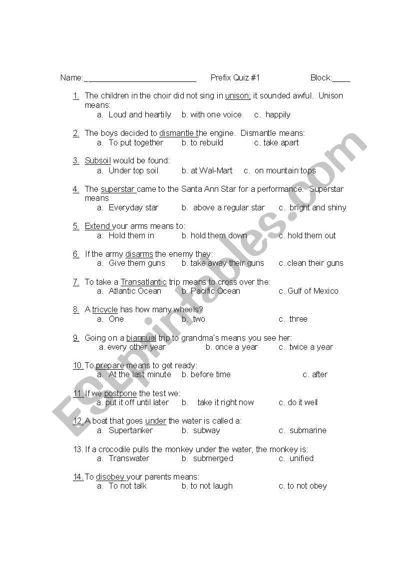 Prefix Quiz worksheet