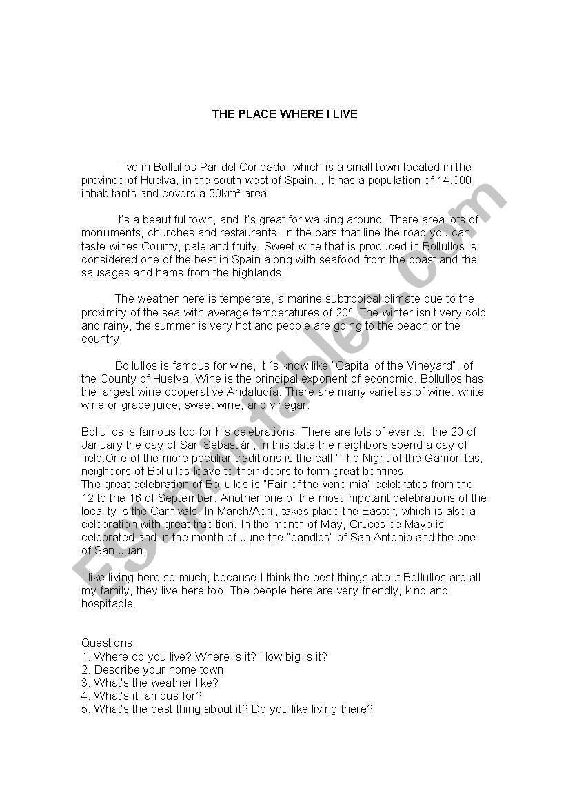 The place where I live worksheet
