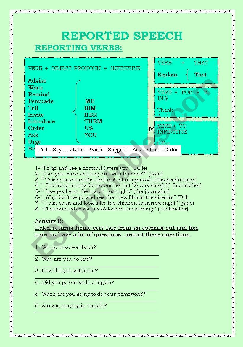 REPORTED SPEECH worksheet