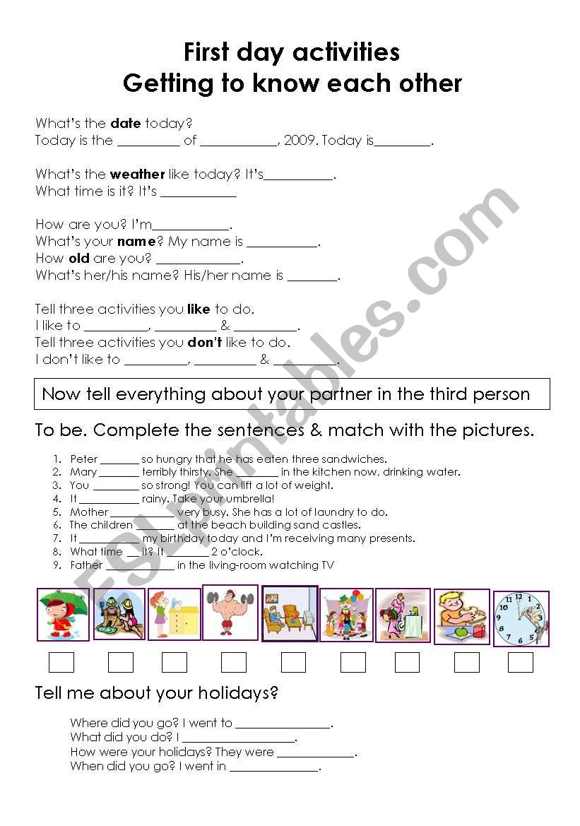 First day activities worksheet