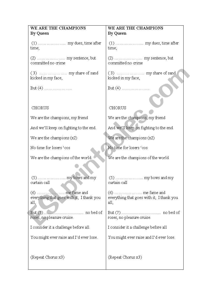we are the cahmpions worksheet