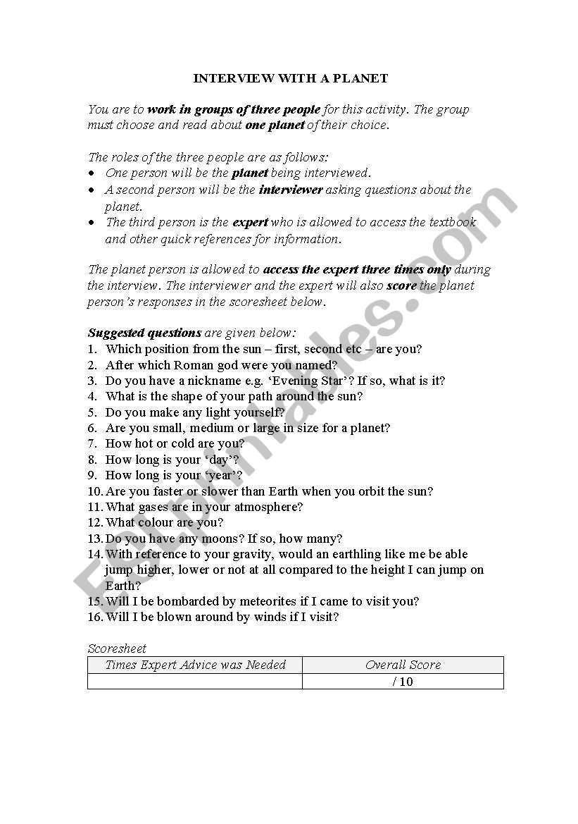 Universe worksheet