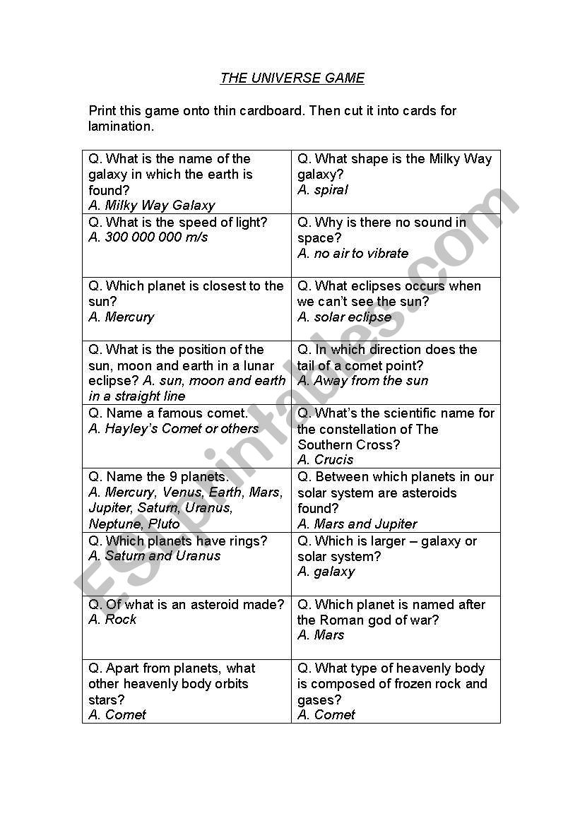 Universe worksheet