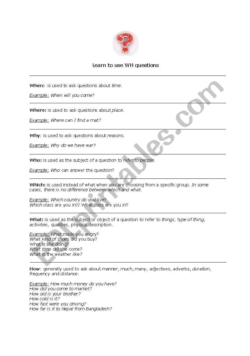 Learn to use WH questions worksheet
