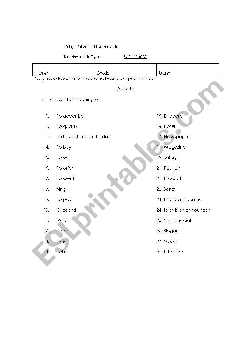 Advertising vocabulary  worksheet