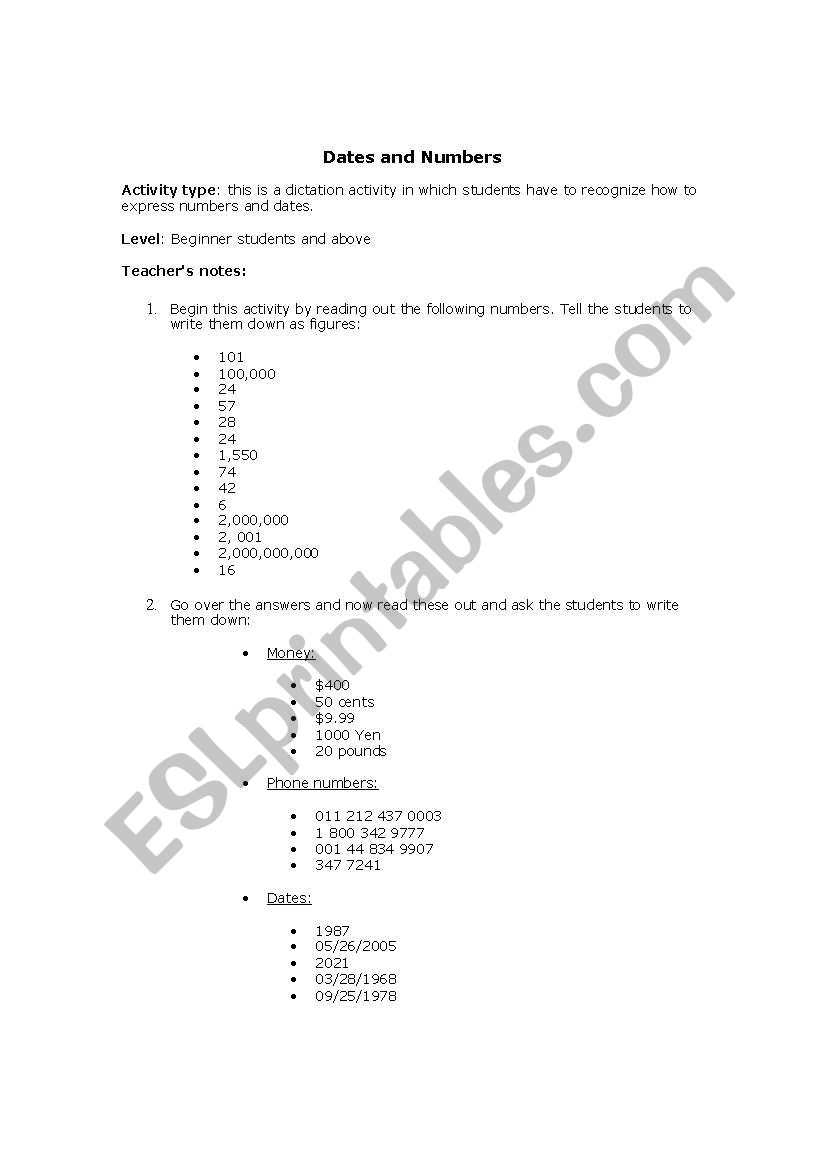 Numbers worksheet