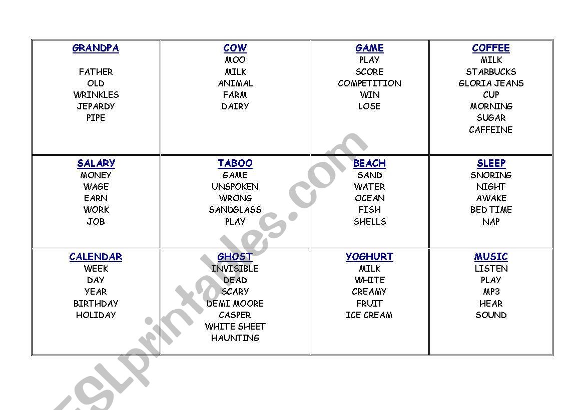 TABOO CARDS worksheet