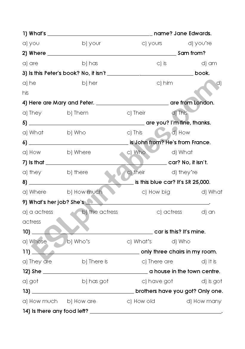 placement test worksheet