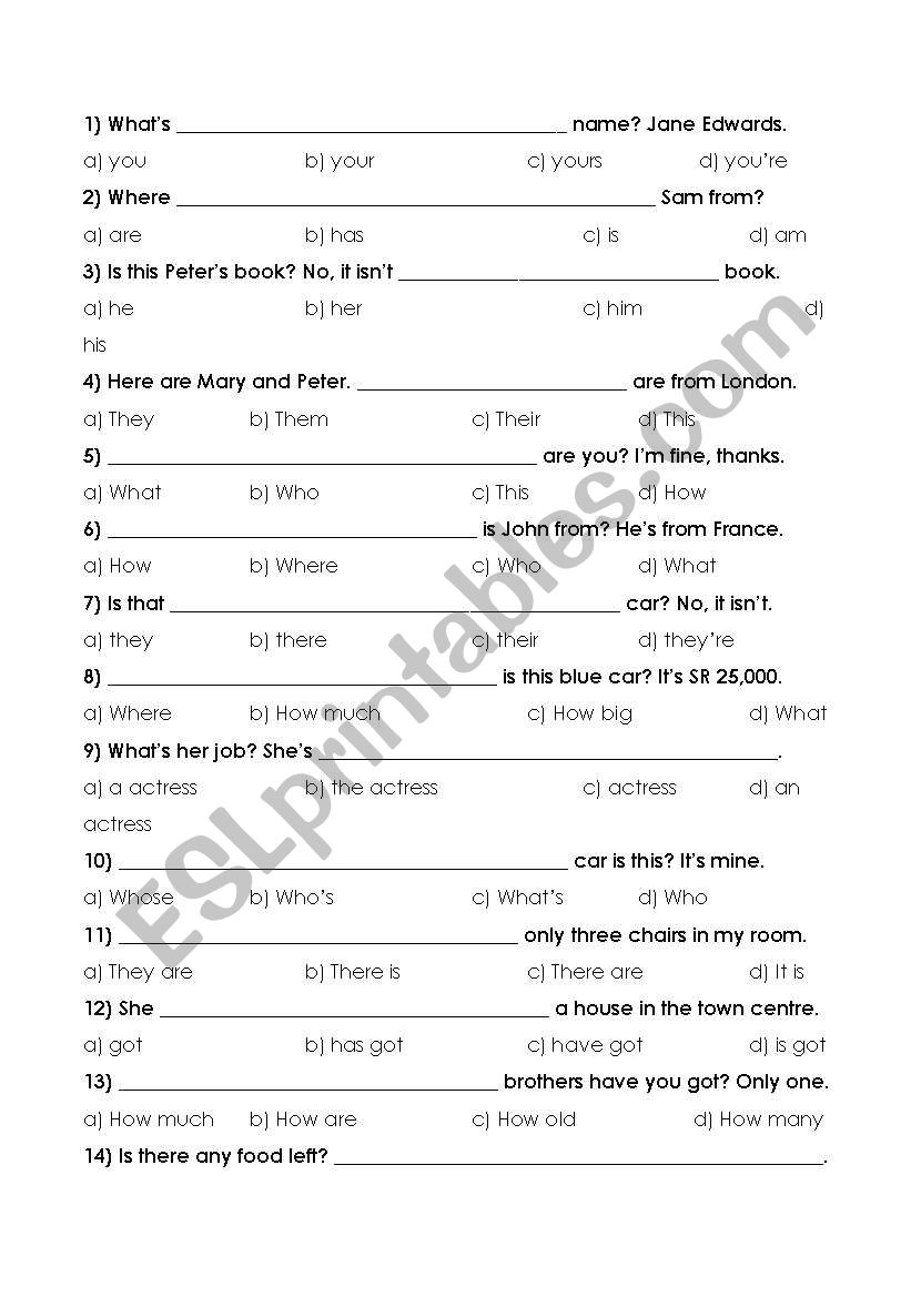 placement test worksheet