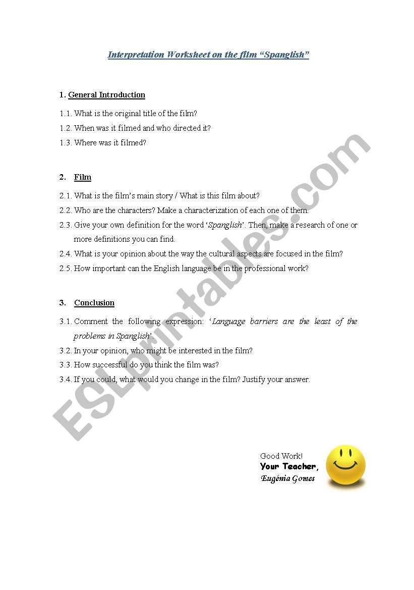 Interpretation Worksheet on the film Spanglish