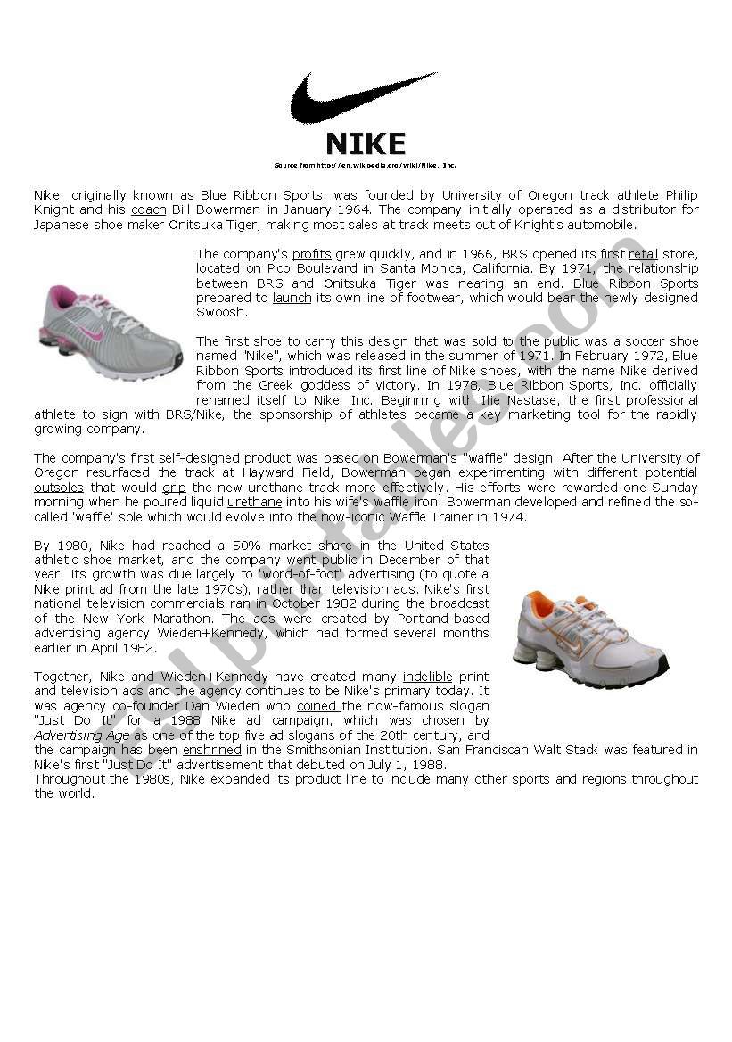 The History of  NIKE worksheet