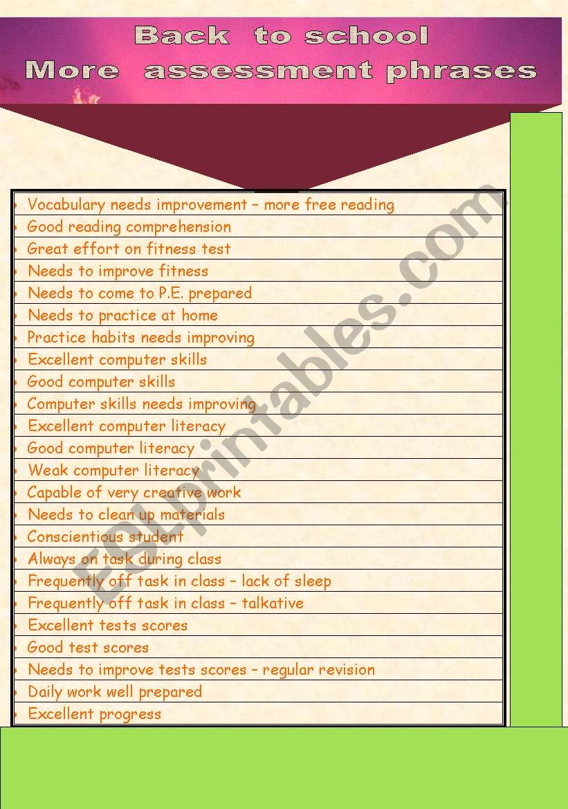 back to school-More assessment comments