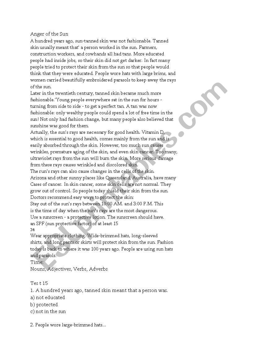 about sun and our skn worksheet