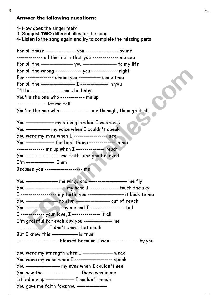 song: because you loved me worksheet