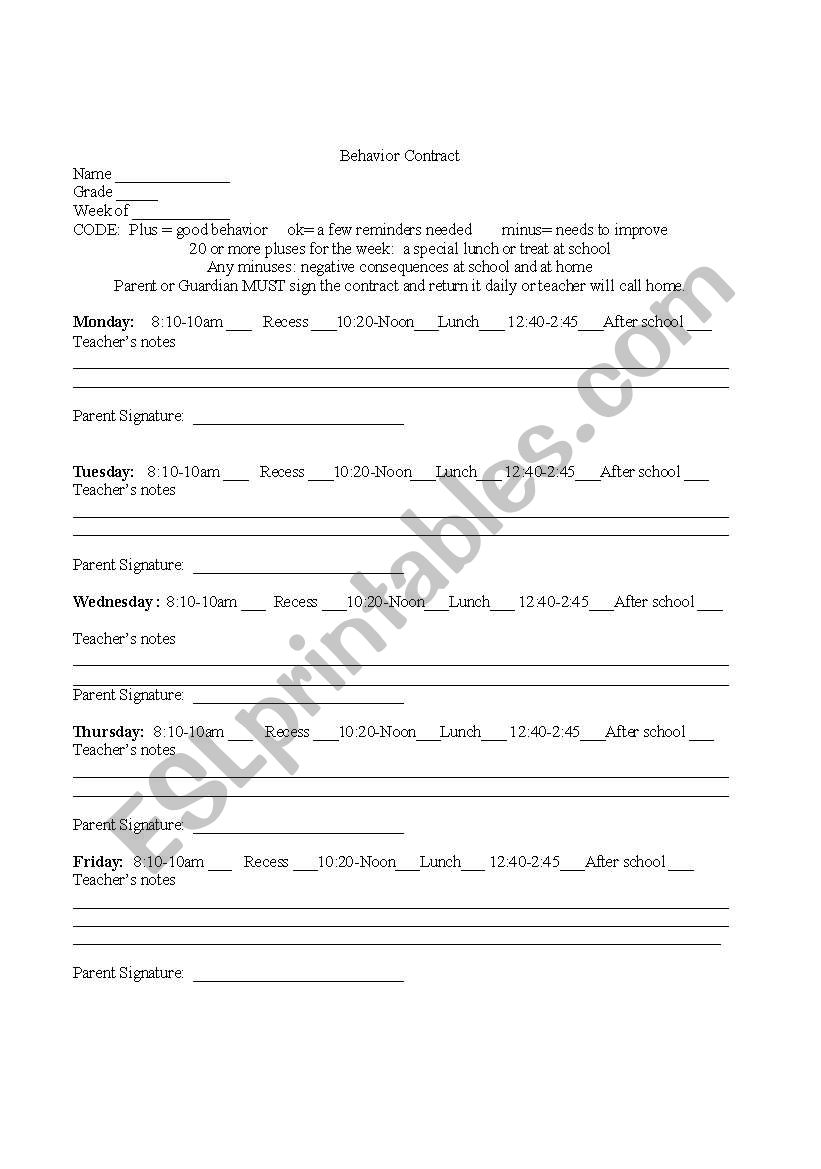 student behavior contract worksheet