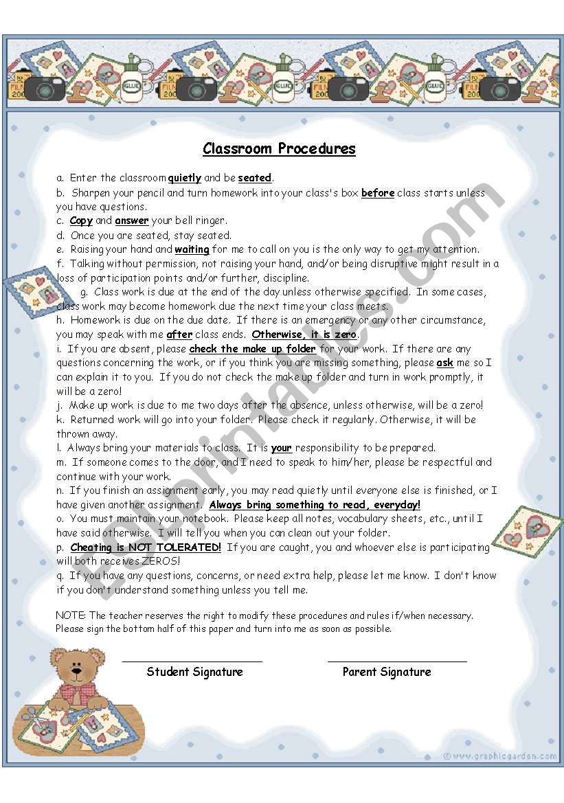 Classroom Procedures worksheet