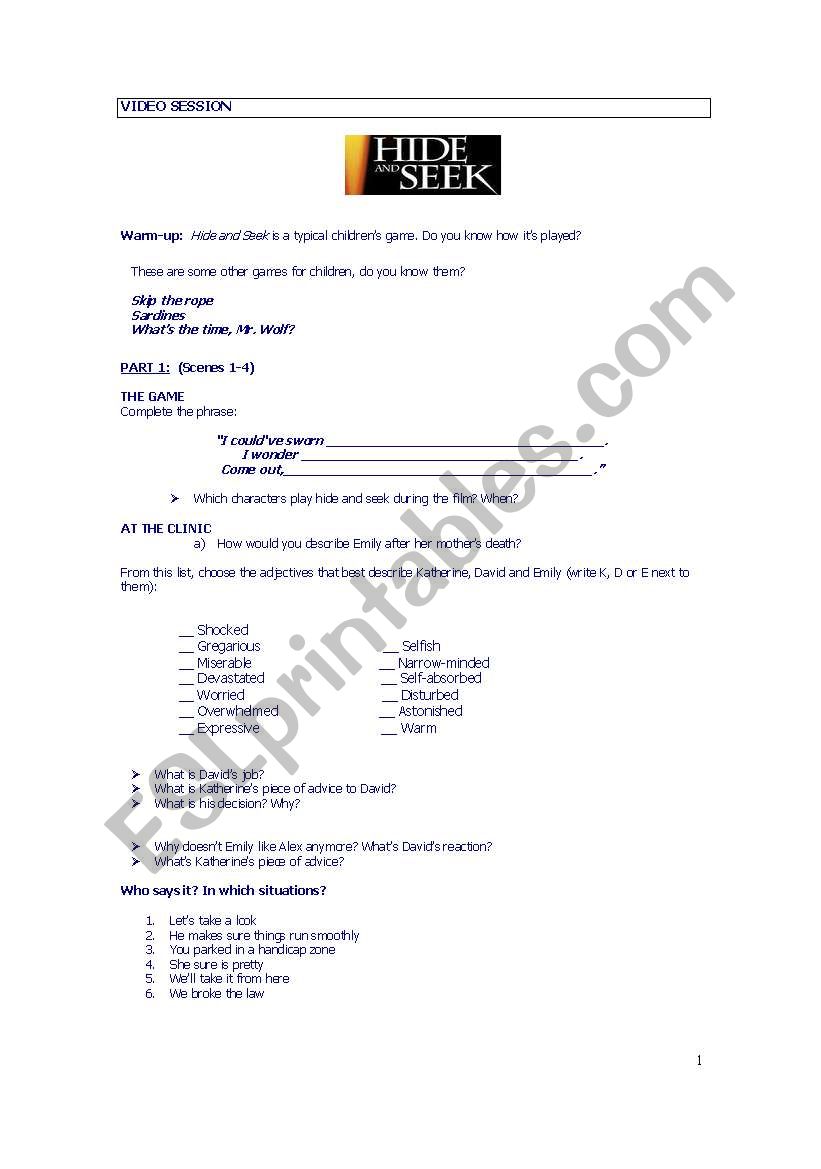 Hide and Seek worksheet