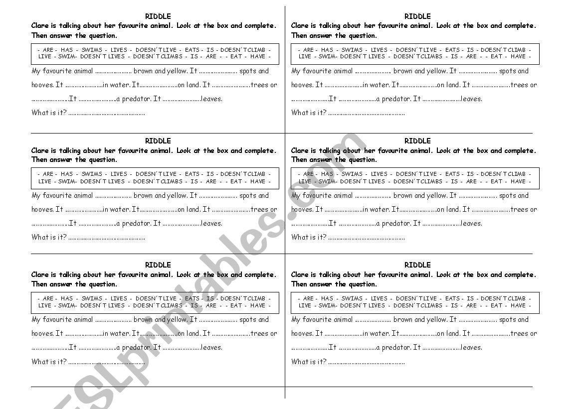 Riddle-Animals worksheet