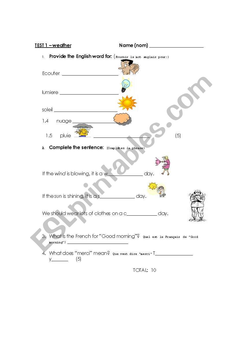 Revision test - weather  worksheet