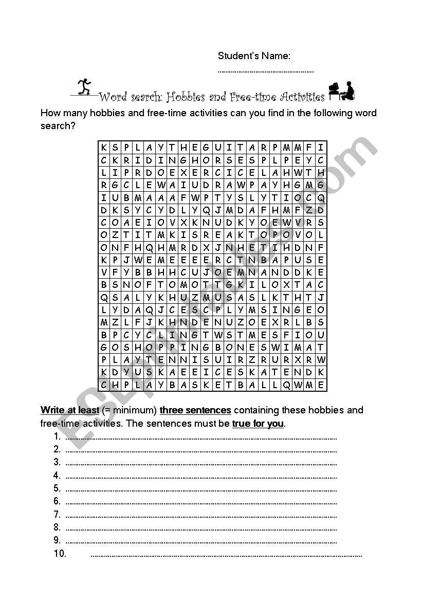 Hobbies and Free-Time Activities: Word search