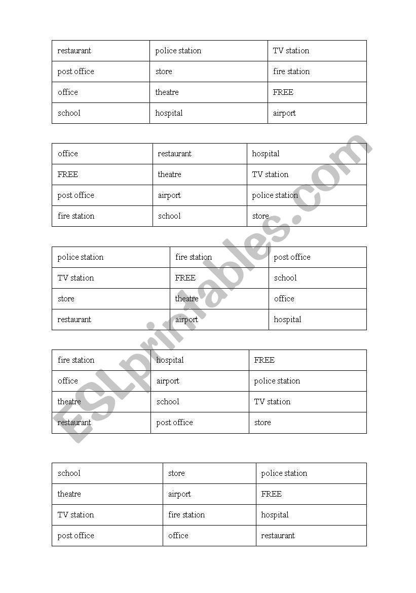 Bingo - city places worksheet