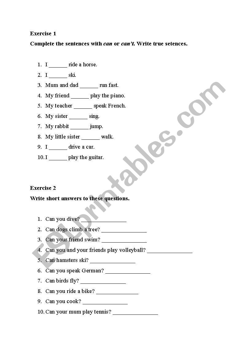 CAN or CANT worksheet
