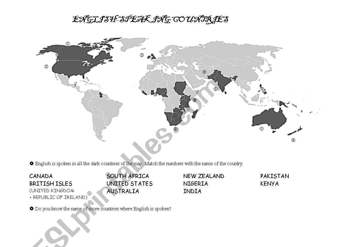 ENGLISH-SPEAKING COUNTRIES worksheet