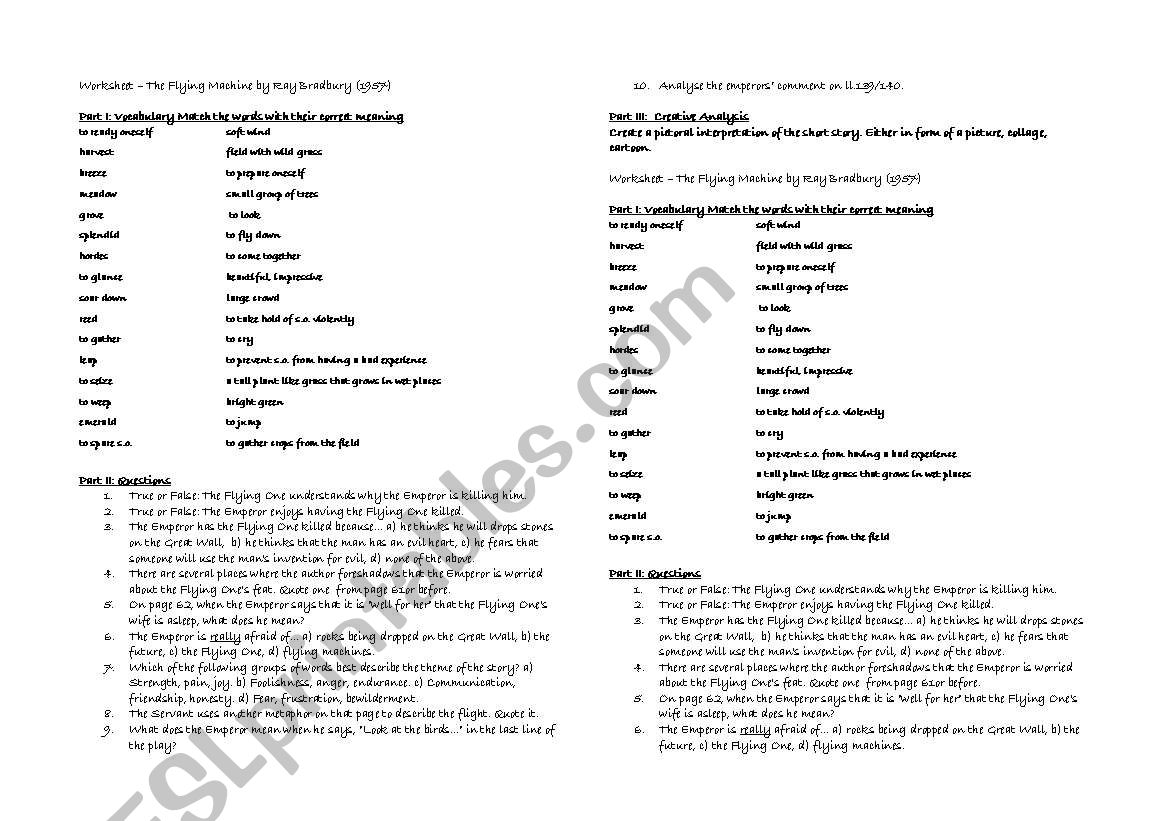 The Flying Machine by Ray Bradbury - Worksheet