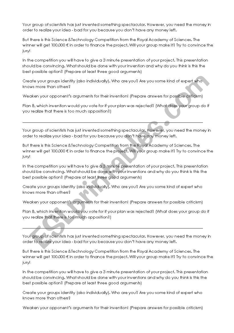 Science Competition worksheet