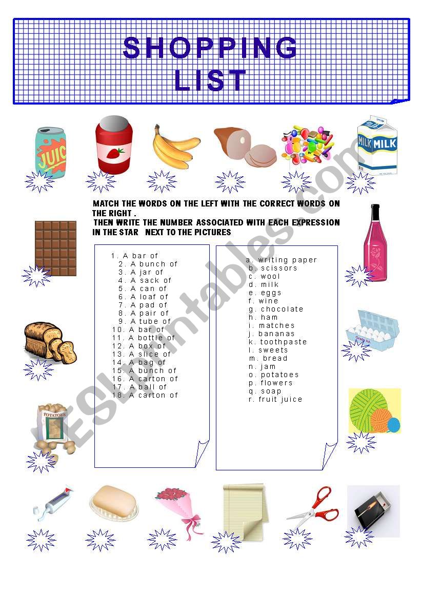 SHOPPING LIST worksheet