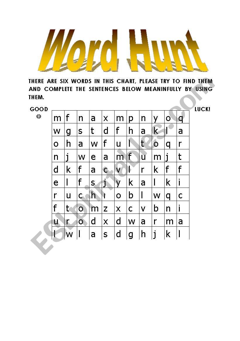 Word hunt worksheet