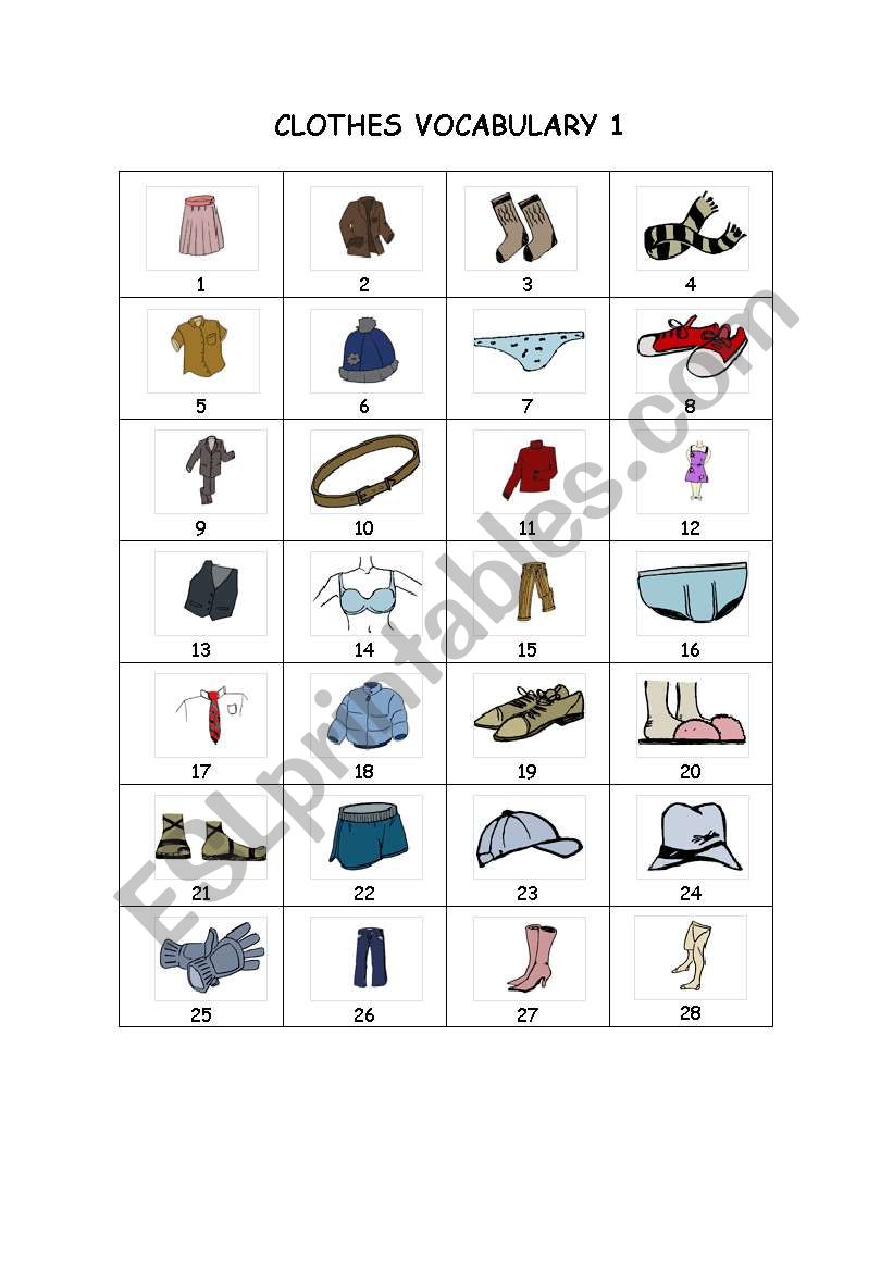 Clothes crossword worksheet