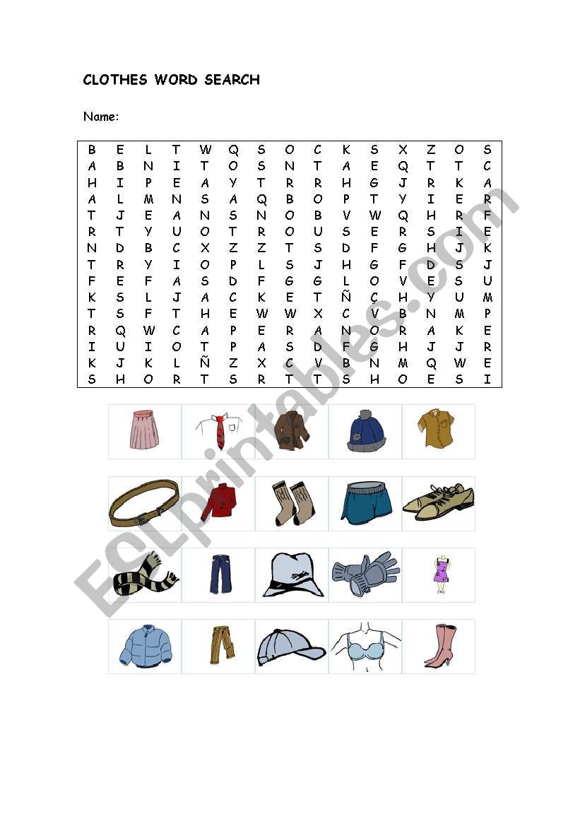 Clothes wordsearch worksheet