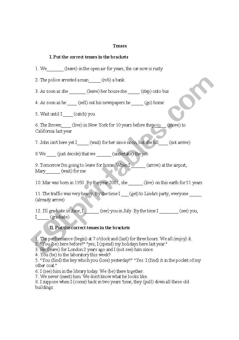 tenses excercises worksheet