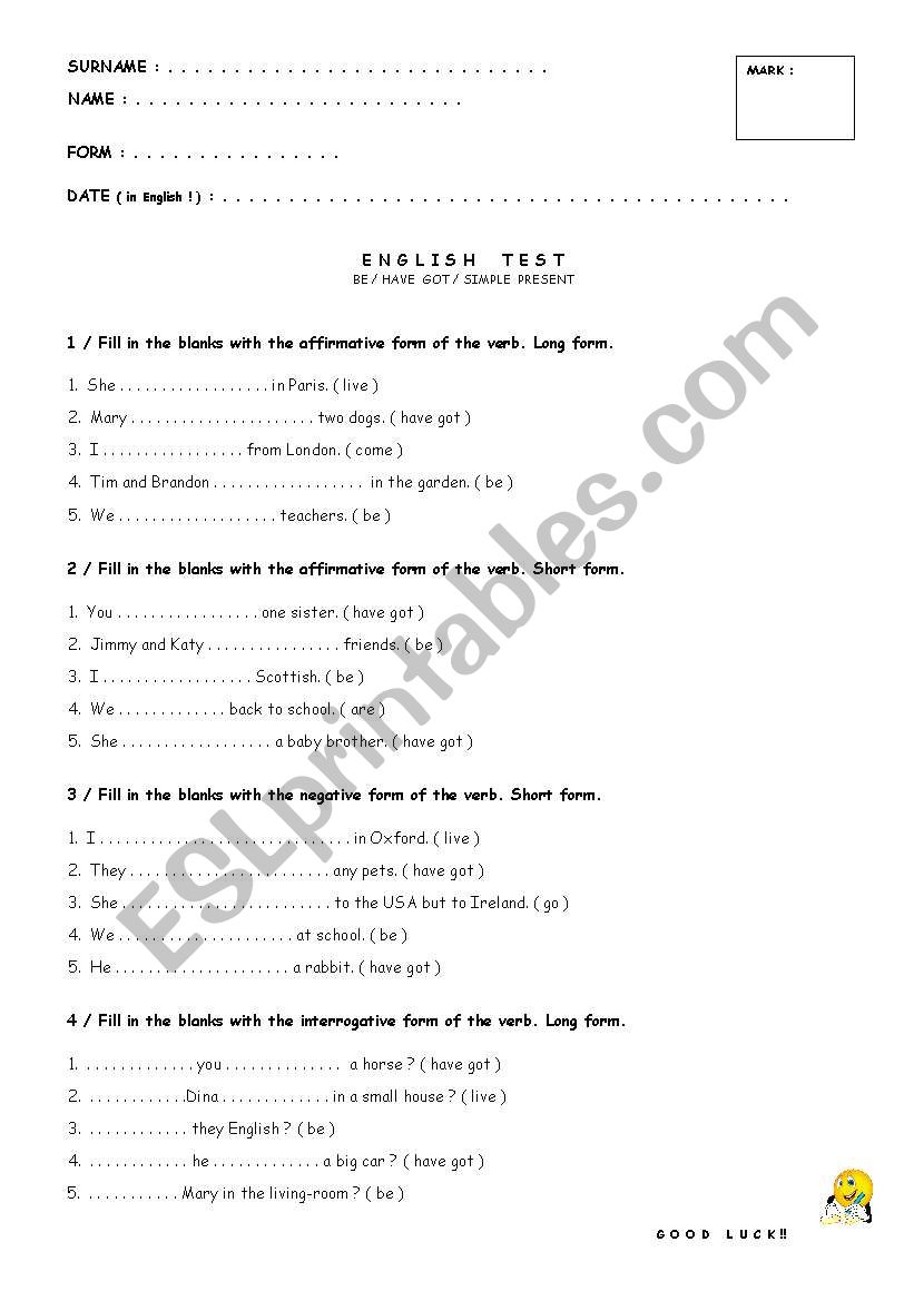 English Test worksheet