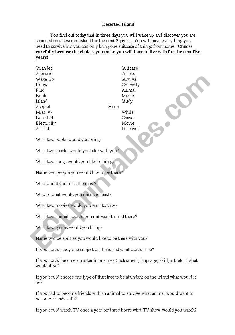 Deserted Island Lesson Plan worksheet