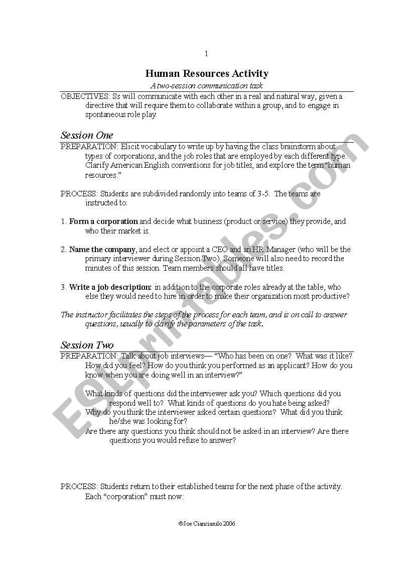 Job Fair role play worksheet