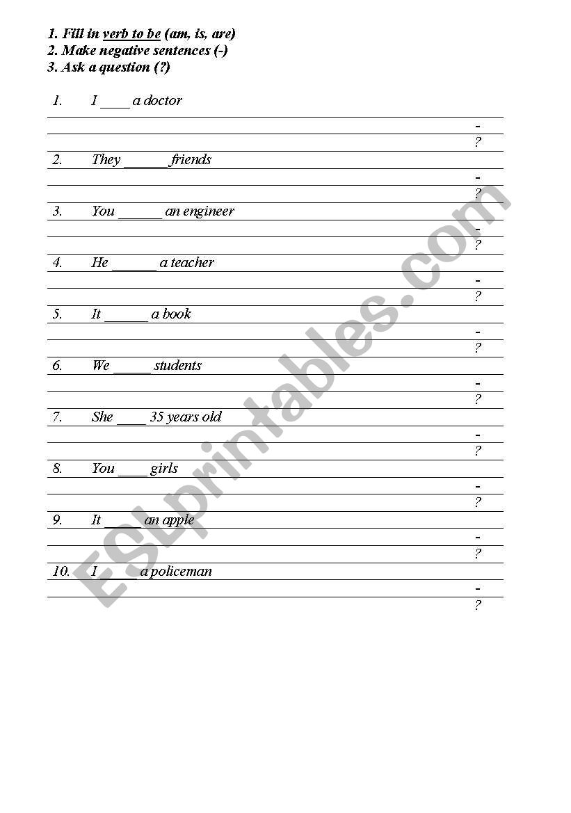 verb to be worksheet