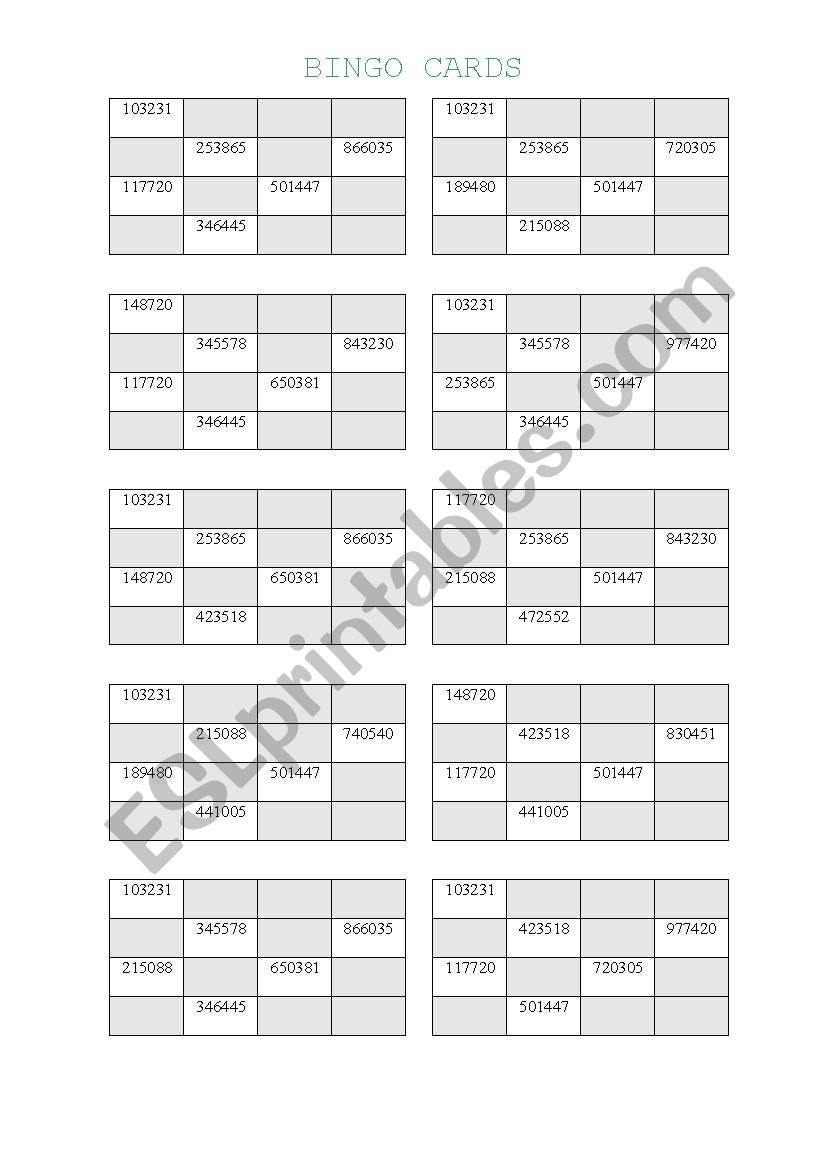 Bingo cards worksheet