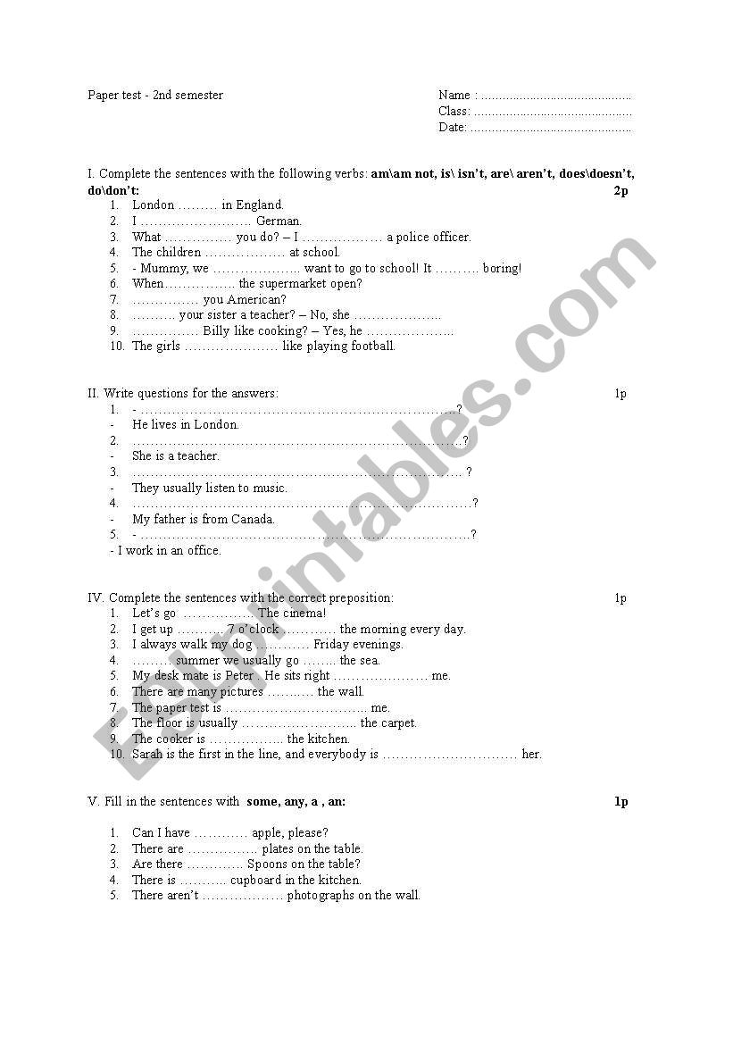 Paper Test worksheet