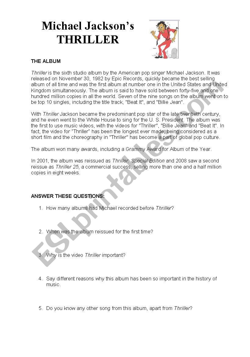 Michael Jacksons Thriller worksheet