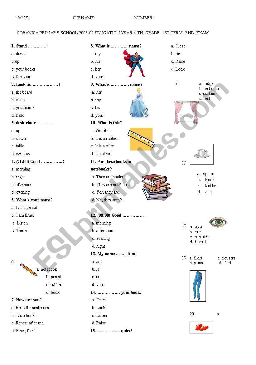 4th grade exam questions worksheet