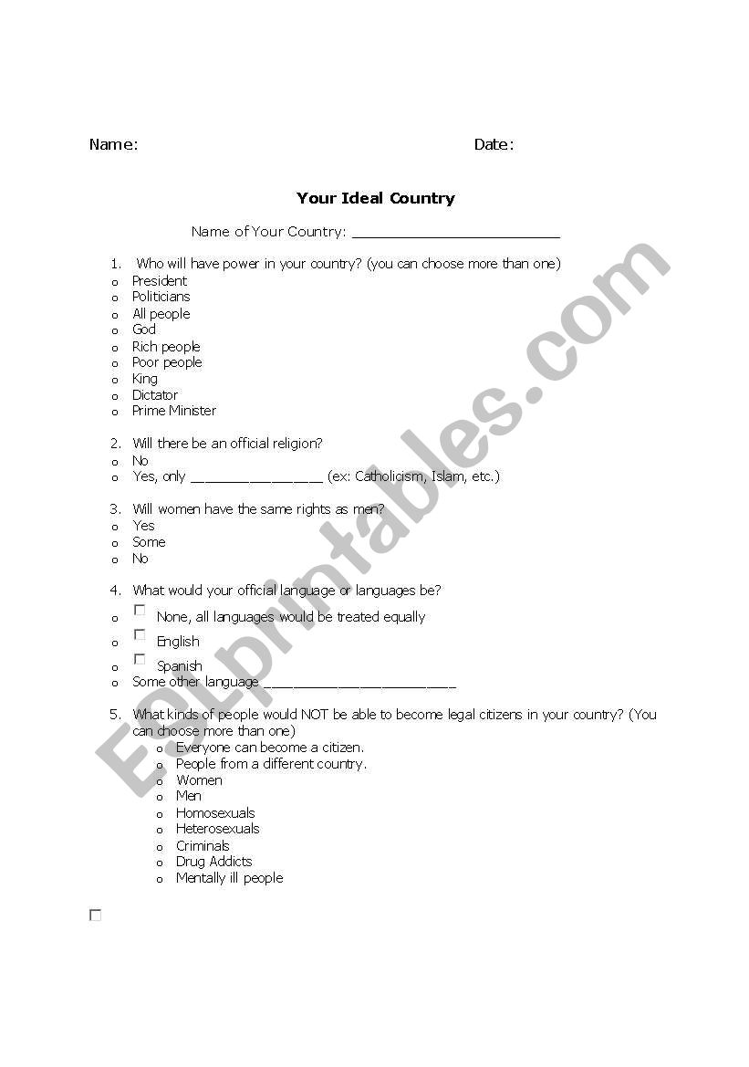 Ideal Country worksheet