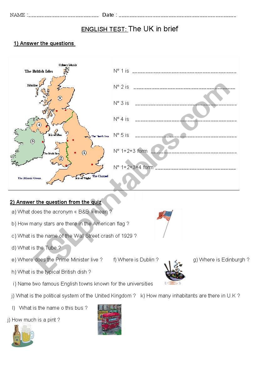 Englisht test: UK in brief worksheet