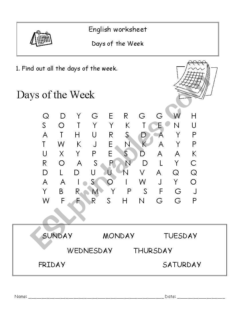 Days of the week wordsearch worksheet