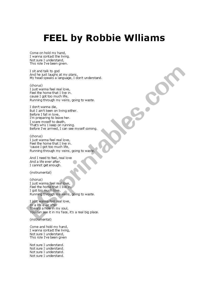 feel by robbie williams worksheet